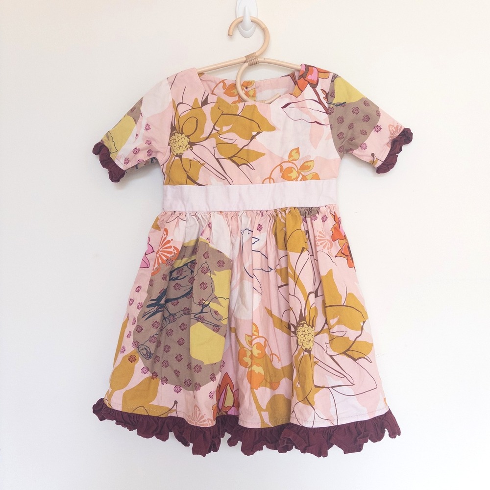 Persnickety Floral Patchwork Ruffle Dress Pink Mustard Yellow Kids Size 6‎ Years